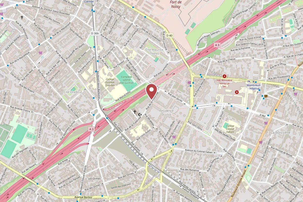 Plan de situation du centre Haiz-Formations, 2 rue de la Fraternité à Romainville, le long de l'autoroute A3